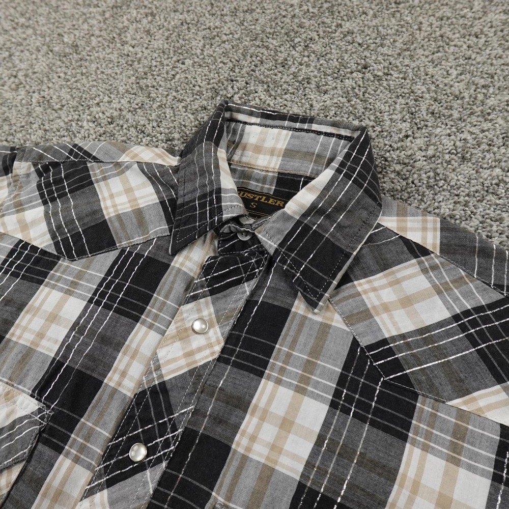 VTG Wrangler Rustler Shirt Mens S Black Gray Plaid Western Pearl Snap Up Cowboy‎